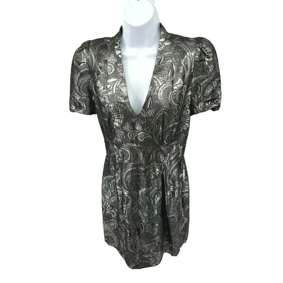 French Connection Art Deco Metallic Dress Silver Deep V Cocktail Party - Picture 1 of 14